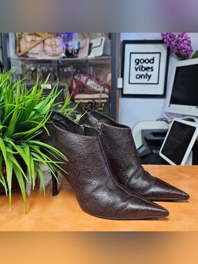 Gucci Embossed Brown Leather Ankle Booties
